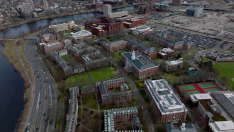 Aerial-footage-of-Bloomberg-Centre-in-Harvard-Business-School-site.-Typical-red-brick-buildings-arranged-in-complex.-Boston,-USA
