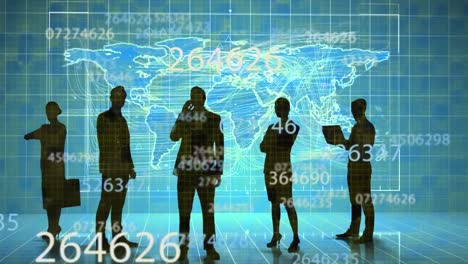 Multiple-changing-numbers-over-silhouette-of-businesspeople-against-world-map-on-blue-background